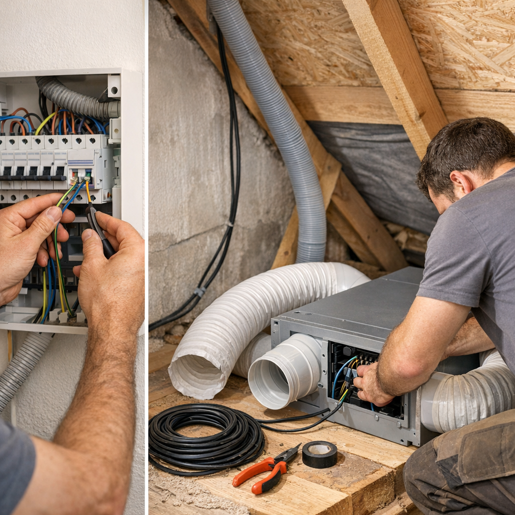 Étapes de branchement d’une VMC simple flux, du tableau au caisson