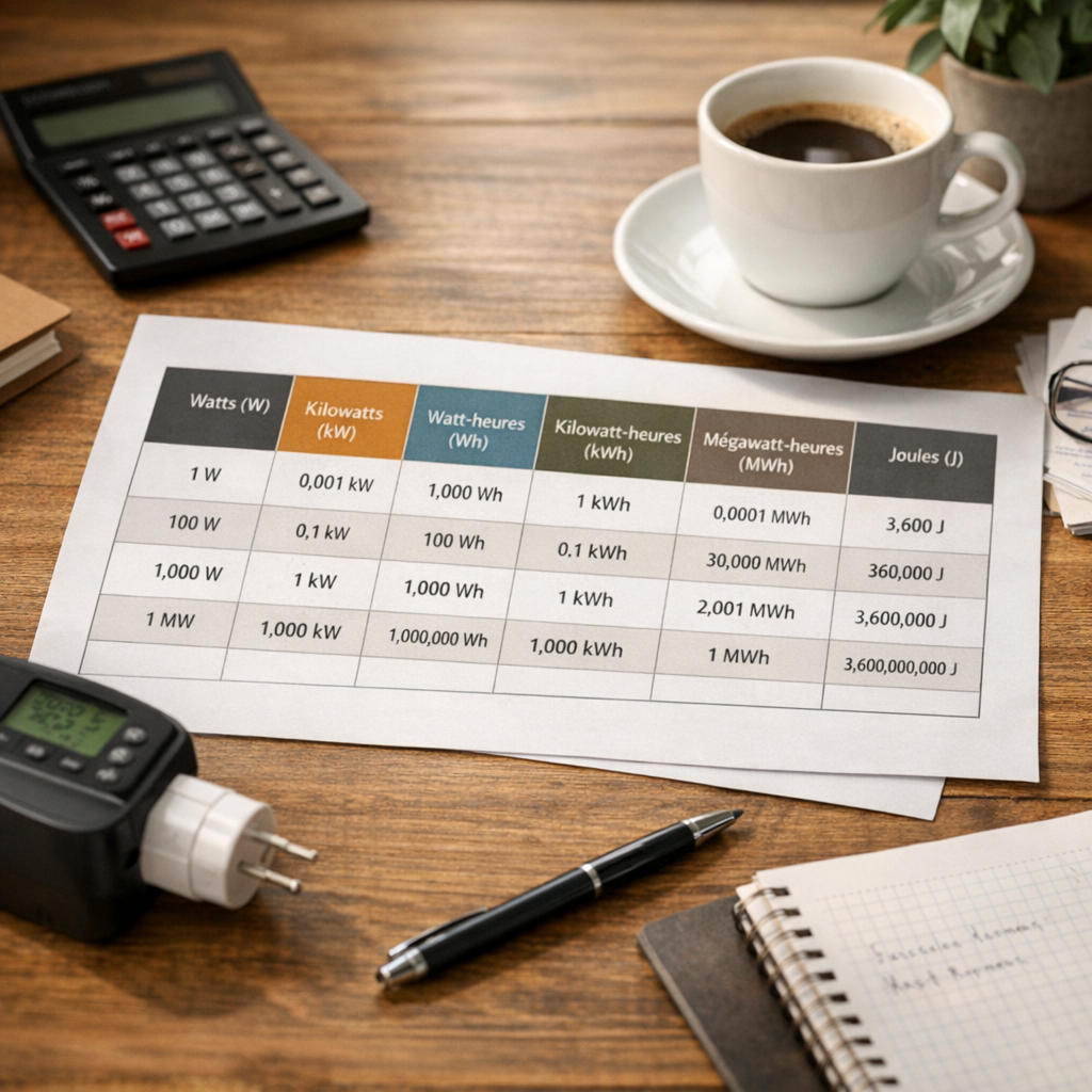 Tableau de conversion&nbsp;: watts, kW, Wh, kWh, MWh et joules
