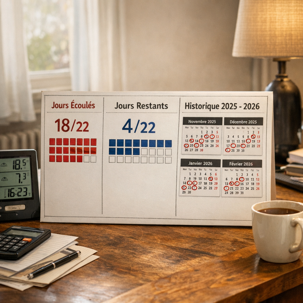 Calendrier EJP : jours écoulés, jours restants et historique 2025-2026