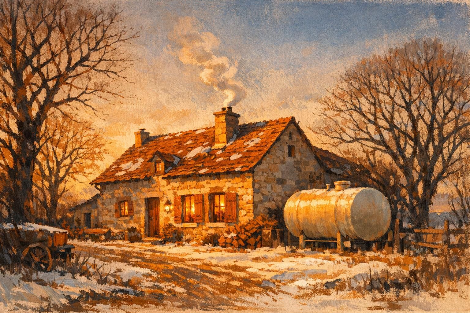 Maison rurale et cuve à fioul, illustration éditoriale